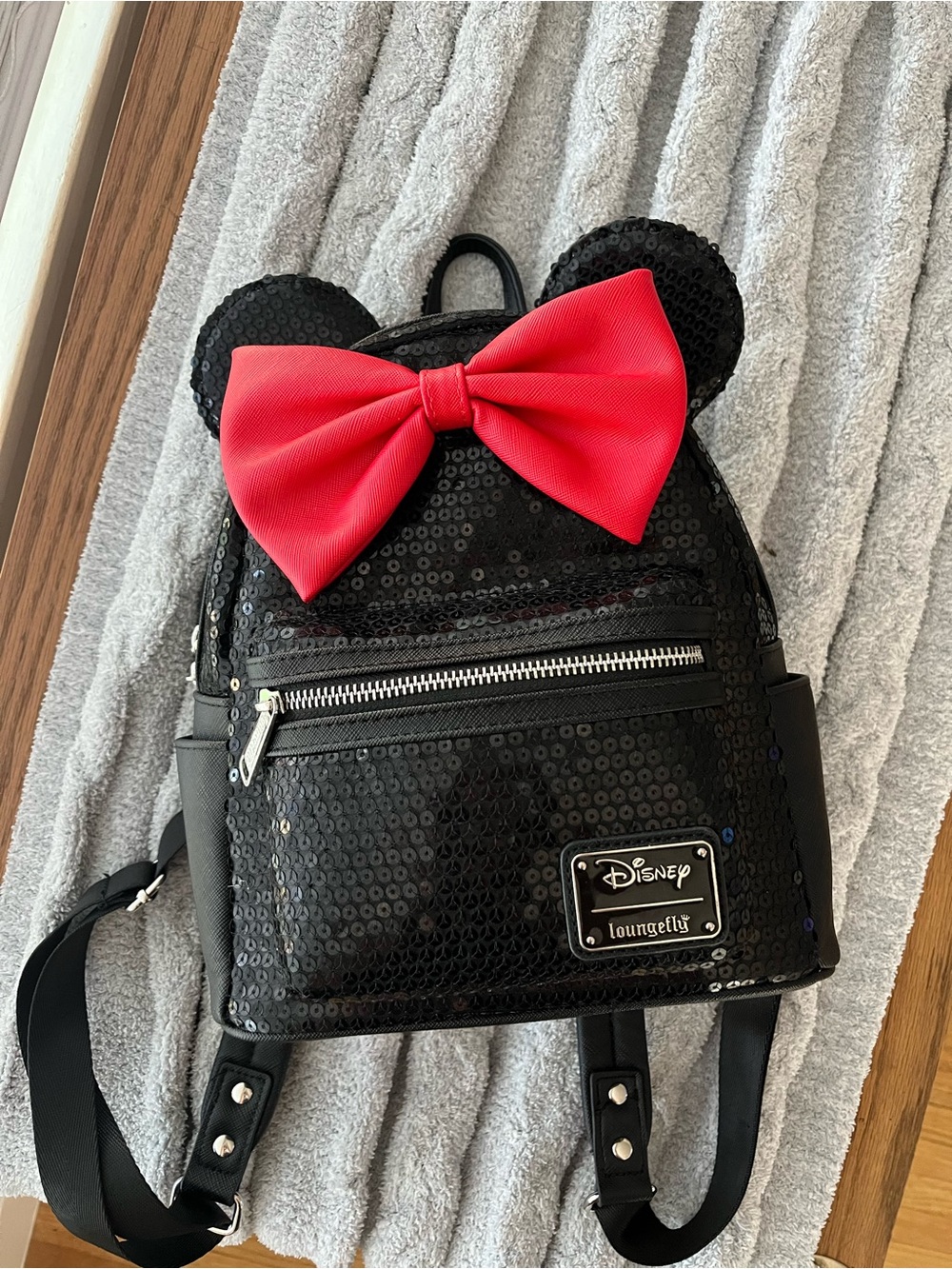 Disney Black Sequin Minnie Backpack with Red Bow